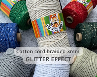 Braided PREMIUM cotton cord with Gold Silver Threads | 3mm | 100m | Macrame rope, string, handmade, crochet, knit, knitting, GLITTER effect