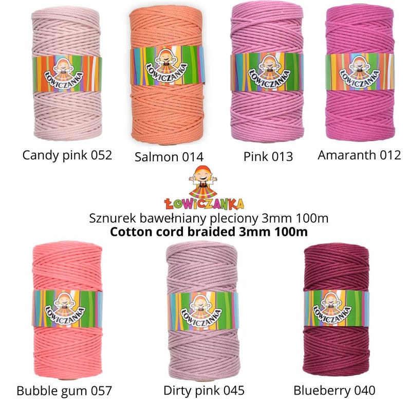 May include: A selection of cotton cord spools in various pink and orange hues. Each spool is labelled with a colour name and number. The text "Cotton cord braided 3mm 100m" is also visible.
