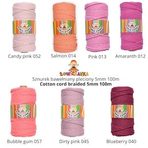 May include: A range of coloured cotton cords, including shades of pink, coral, and burgundy. Each spool is labelled with a colour name and number. The text "Cotton cord braided 5mm 100m" is also visible.