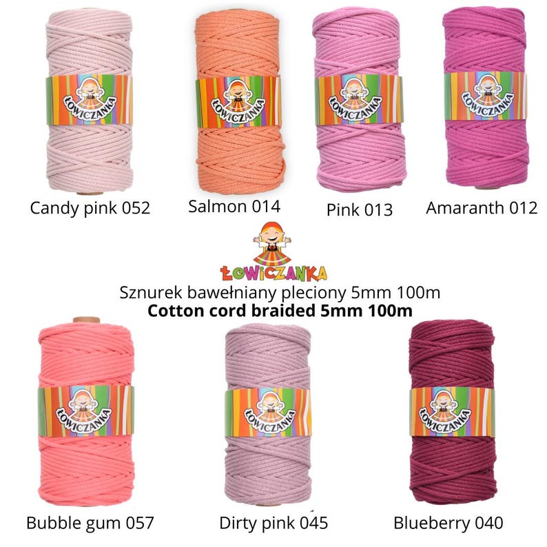 May include: A range of coloured cotton cords, including shades of pink, coral, and burgundy. Each spool is labelled with a colour name and number. The text "Cotton cord braided 5mm 100m" is also visible.