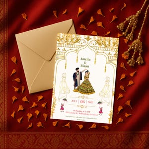 Faire-part de mariage indien élégant – Modèle Canva éditable – A6 & 5x7 pouces – Téléchargement immédiat – Carte à une seule face