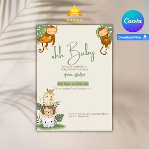 Safari Baby Shower Invitation – Editable Canva Template – Oh Baby Jungle Invite – Gender Neutral Safari Animals Party – Instant Download