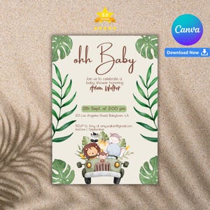 Safari Baby Shower Invitation – Editable Canva Template – Oh Baby Jungle Invite – Gender Neutral Safari Animals Party – Instant Download