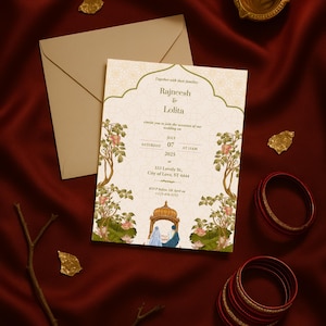 Convite de Casamento Indiano Digital – Modelo Canva A6 – Design Tradicional e Elegante – Para WhatsApp, E-mail e Impressão