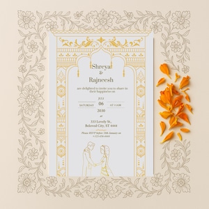 Faire-part de mariage indien – Modèle Canva A6 à personnaliser – Design traditionnel et élégant – WhatsApp et impression