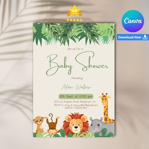 Safari Baby Shower Invitation – Editable Canva Template – Oh Baby Jungle Invite – Gender Neutral Safari Animals Party – Instant Download