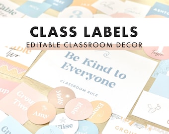 May include: A set of printable classroom labels in a pastel color scheme with a California Dreamer theme. The labels include group numbers, table numbers, student names, and a classroom rule that says "Be Kind to Everyone".