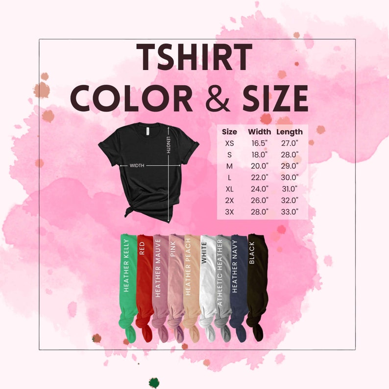 以下が含まれることがあります： 黒のTシャツのモックアップを使用したTシャツの色とサイズのチャート。チャートには、XSから3Xまでのサイズが表示され、対応する幅と長さの寸法がインチで表示されています。色のオプションは、ヘザーケリー、レッド、ヘザーモーヴ、ピンク、ヘザーピーチ、ホワイト、アスレチックヘザー、ヘザーネイビー、ブラックです。