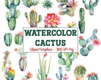 20 CACTUS Watercolor CLIPART, Digital Download, Printable, PNG, Instant Download, Cacti Clip Art, Watercolor Succulent Graphics Cactus