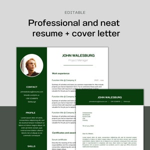 Op de afbeelding: Een groene en witte sjabloon voor een cv en sollicitatiebrief met een foto van een man in de linkerbovenhoek. Het cv bevat contactgegevens, een profielsectie, vaardigheden en werkervaring. De sollicitatiebrief bevat een aanhef, een alinea en een afsluiting.