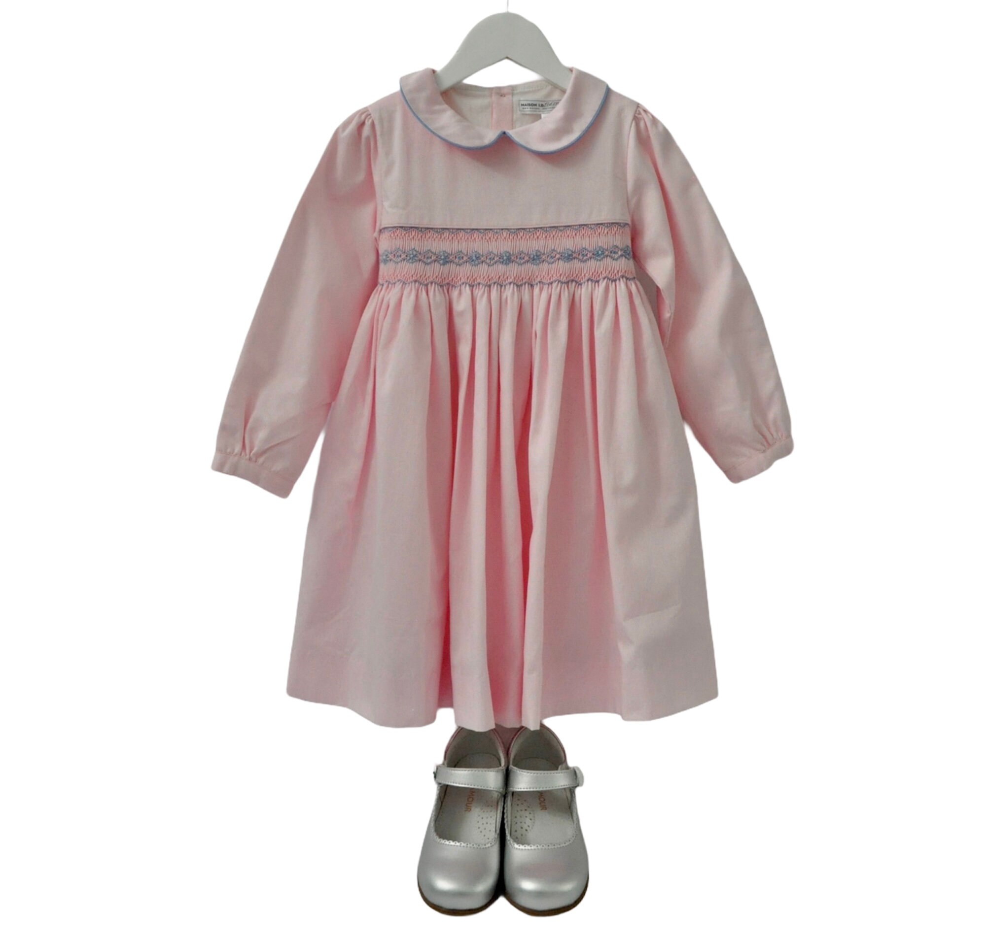 long sleeve smocked birthday dress Pink Santa Smocked Long Sleeve Bishop Dress