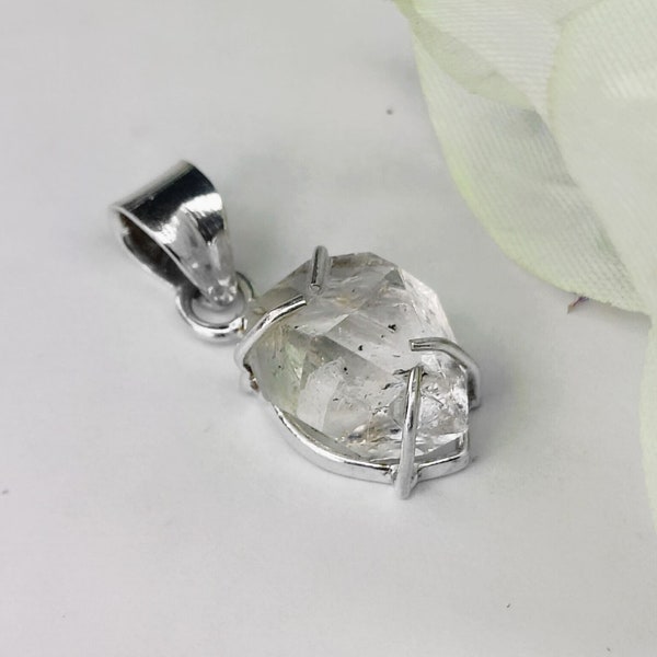 Breloque diamant Herkimer, pendentif en cristal transparent, argent sterling 925, pendentif pierre à breloques, pendentif nouveau départ, guérisseur émotionnel