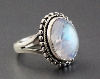 Bague pierre de lune bleu feu, bague femme, bague faite main, bague en argent 925, pierre de lune naturelle, bague bohème, bague de créateur, bijoux en pierre de lune