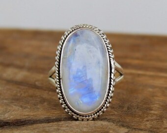 Bague pierre de lune de feu bleu, bague en argent 925, bague faite main, bague bohème, pierre de lune naturelle, belle bague, bague avec pierres précieuses, bijoux en pierre de lune