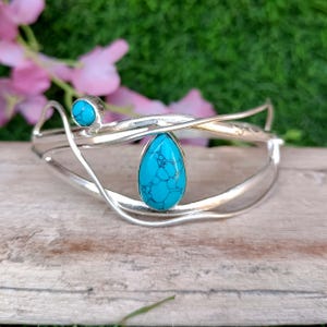 Brazalete de turquesa azul, hecho a mano, de plata 925, de diseñador, turquesa natural, hermoso brazalete, joyería de turquesa