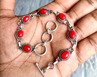 Bracelet jonc fait main en corail rouge : bracelet bohème en argent sterling 925 - France