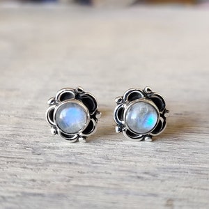 Moonstone Stud Earrings in Sterling Silver, Minimal Earrings, Round Studs, Boho Jewelry, Bridesmaid Gift, Moonstone Earrings, Designers Stud