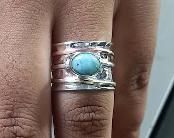 Larimar Ring, Handmade Ring, Spinner Ring, Fidget Ring, Natural Larimar, Gemstone Ring, Designer Ring, Band Ring, Larimar Jewelry, Gift Her