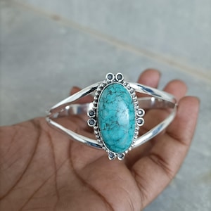Brazalete de turquesa azul, hecho a mano, de plata 925, turquesa natural, de diseñador, ajustable, para regalar.