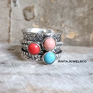 Opal, Turquoise, Black Onyx Ring, Handmade Ring, Designer Ring, Gemstone, Ring, Anniversary Ring, Thumb Ring, Spinner Ring, Spin Jewelry