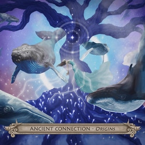 Puede incluir: Ilustraci&oacute;n art&iacute;stica con varias ballenas nadando alrededor de una estructura arb&oacute;rea. La imagen tiene un tema m&iacute;stico con una paleta de colores morados y azules. El texto "ANCIENT CONNECTION - ORIGINS" est&aacute; en la parte inferior.