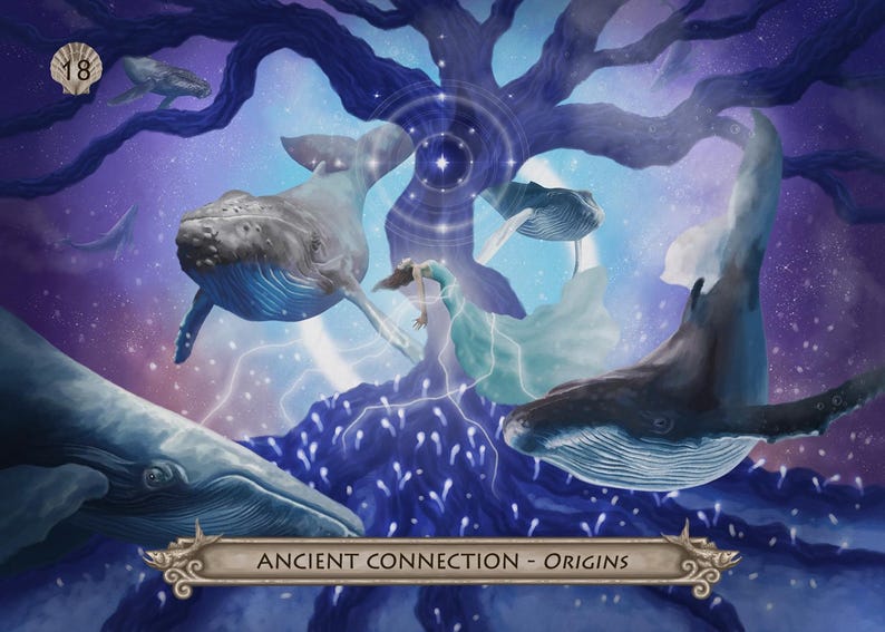 Puede incluir: Ilustraci&oacute;n art&iacute;stica con varias ballenas nadando alrededor de una estructura arb&oacute;rea. La imagen tiene un tema m&iacute;stico con una paleta de colores morados y azules. El texto "ANCIENT CONNECTION - ORIGINS" est&aacute; en la parte inferior.