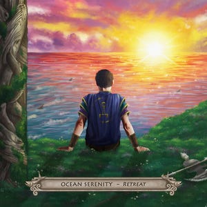 Puede incluir: Ilustraci&oacute;n de una persona sentada en una colina cubierta de hierba, frente a una puesta de sol sobre el oc&eacute;ano. La persona lleva una t&uacute;nica azul. Una pancarta decorativa dice "OCEAN SERENITY - RETREAT". Un tronco de &aacute;rbol est&aacute; a la izquierda y un arma a la derecha.