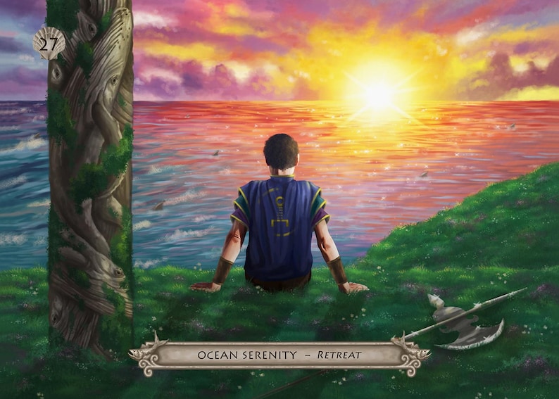 Puede incluir: Ilustraci&oacute;n de una persona sentada en una colina cubierta de hierba, frente a una puesta de sol sobre el oc&eacute;ano. La persona lleva una t&uacute;nica azul. Una pancarta decorativa dice "OCEAN SERENITY - RETREAT". Un tronco de &aacute;rbol est&aacute; a la izquierda y un arma a la derecha.
