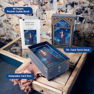 May include: A blue and gold box with a 78-card tarot deck inside. The box has a gold trim and the words "Mystical Tarot of the Saints" on the front. The deck is illustrated with a woman holding a lantern. The box is sitting on a wooden surface with a brown fabric next to it. A 96-page guidebook is also visible.