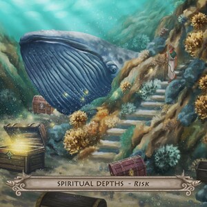 Puede incluir: Ilustraci&oacute;n fant&aacute;stica submarina con una ballena azul, cofres del tesoro y una figura subiendo escaleras. La escena incluye corales y burbujas. El texto "Spiritual Depths - Risk" se muestra en la parte inferior.