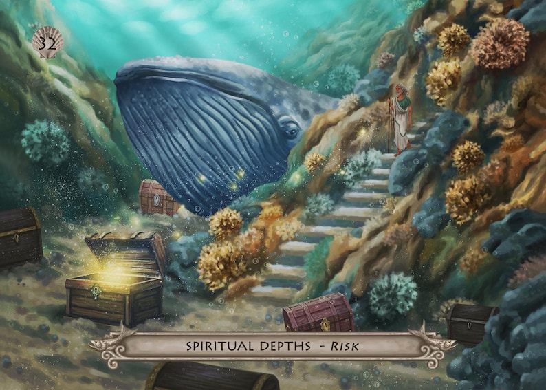 Puede incluir: Ilustraci&oacute;n fant&aacute;stica submarina con una ballena azul, cofres del tesoro y una figura subiendo escaleras. La escena incluye corales y burbujas. El texto "Spiritual Depths - Risk" se muestra en la parte inferior.