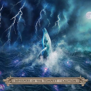Puede incluir: Representaci&oacute;n art&iacute;stica de una ballena rompiendo la superficie del oc&eacute;ano durante una tormenta. La imagen presenta rel&aacute;mpagos, una luna llena y medusas. El texto en la parte inferior dice "Whispers of the Tempest - Caution". Una concha con el n&uacute;mero 40 est&aacute; en la esquina superior izquierda.