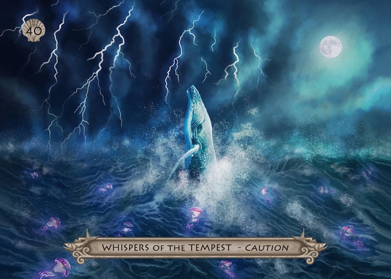 Puede incluir: Representaci&oacute;n art&iacute;stica de una ballena rompiendo la superficie del oc&eacute;ano durante una tormenta. La imagen presenta rel&aacute;mpagos, una luna llena y medusas. El texto en la parte inferior dice "Whispers of the Tempest - Caution". Una concha con el n&uacute;mero 40 est&aacute; en la esquina superior izquierda.