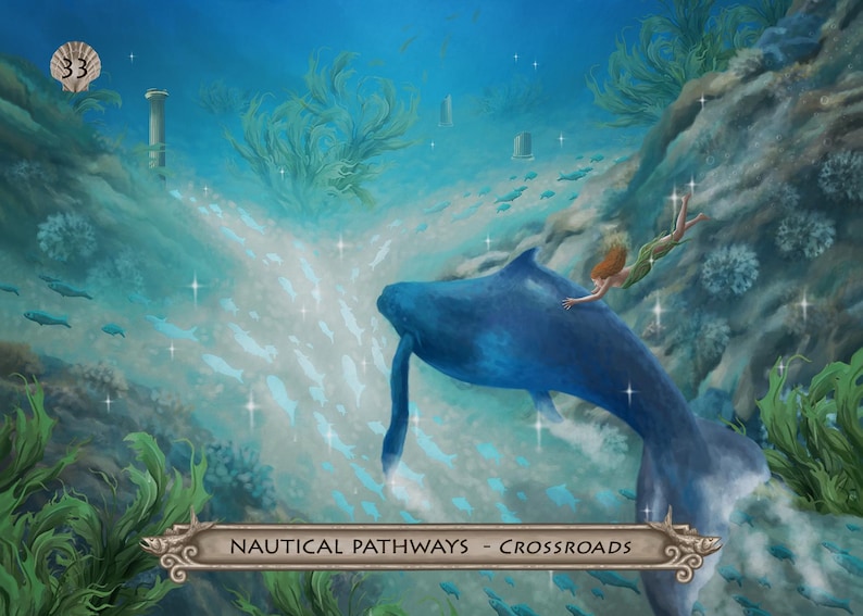 Puede incluir: Escena submarina de fantas&iacute;a con una ballena azul y una sirena. La ilustraci&oacute;n presenta un banco de peces, plantas acu&aacute;ticas y el texto "NAUTICAL PATHWAYS - CROSSROADS".