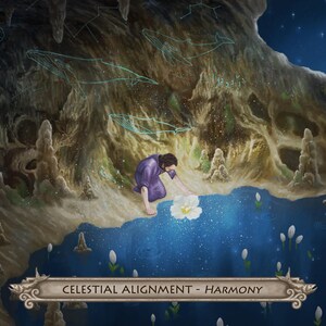 Puede incluir: Ilustraci&oacute;n art&iacute;stica de una persona con una t&uacute;nica morada interactuando con una flor blanca cerca de una masa de agua. El fondo presenta una cueva con constelaciones de ballenas y el texto "CELESTIAL ALIGNMENT - HARMONY".