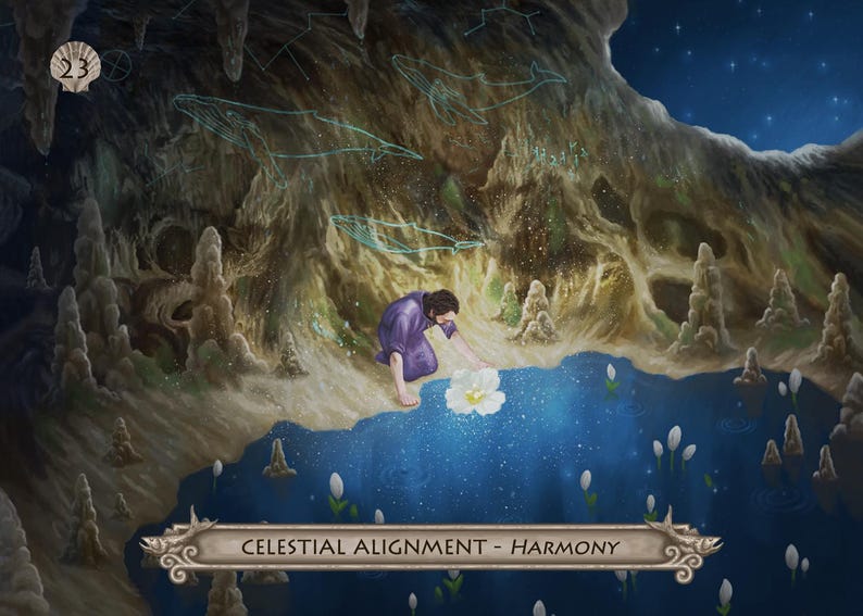 Puede incluir: Ilustraci&oacute;n art&iacute;stica de una persona con una t&uacute;nica morada interactuando con una flor blanca cerca de una masa de agua. El fondo presenta una cueva con constelaciones de ballenas y el texto "CELESTIAL ALIGNMENT - HARMONY".