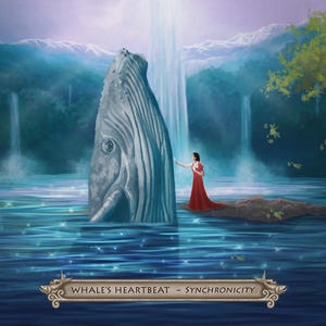 Puede incluir: Ilustraci&oacute;n de una ballena en el agua con una cascada. Una persona con un vestido rojo toca la ballena. La imagen tiene un tema m&iacute;stico. El texto en la parte inferior dice "WHALE'S HEARTBEAT - SYNCHRONICITY".