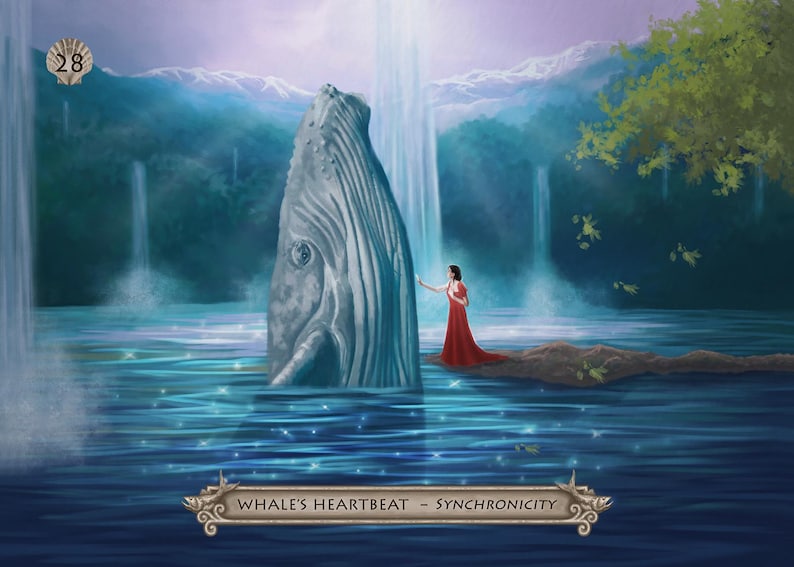 Puede incluir: Ilustraci&oacute;n de una ballena en el agua con una cascada. Una persona con un vestido rojo toca la ballena. La imagen tiene un tema m&iacute;stico. El texto en la parte inferior dice "WHALE'S HEARTBEAT - SYNCHRONICITY".