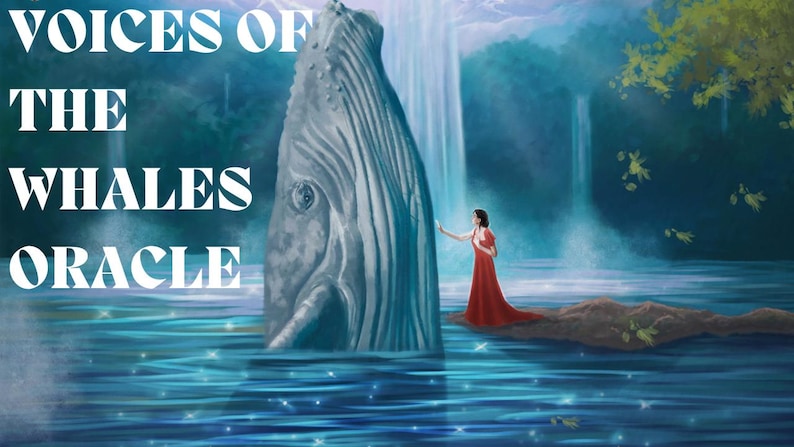 Puede incluir: Ilustraci&oacute;n de una ballena emergiendo del agua, con una mujer con un vestido rojo cerca. El texto "VOICES OF THE WHALES ORACLE" est&aacute; en blanco. Una cascada y exuberante vegetaci&oacute;n forman el fondo.