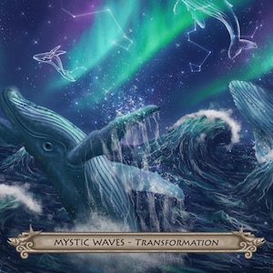 Puede incluir: Una representaci&oacute;n art&iacute;stica de ballenas en una escena oce&aacute;nica m&iacute;stica. La imagen presenta ballenas rompiendo el agua, con un cielo estrellado y aurora boreal en el fondo. El texto dice "Mystic Waves - Transformation".