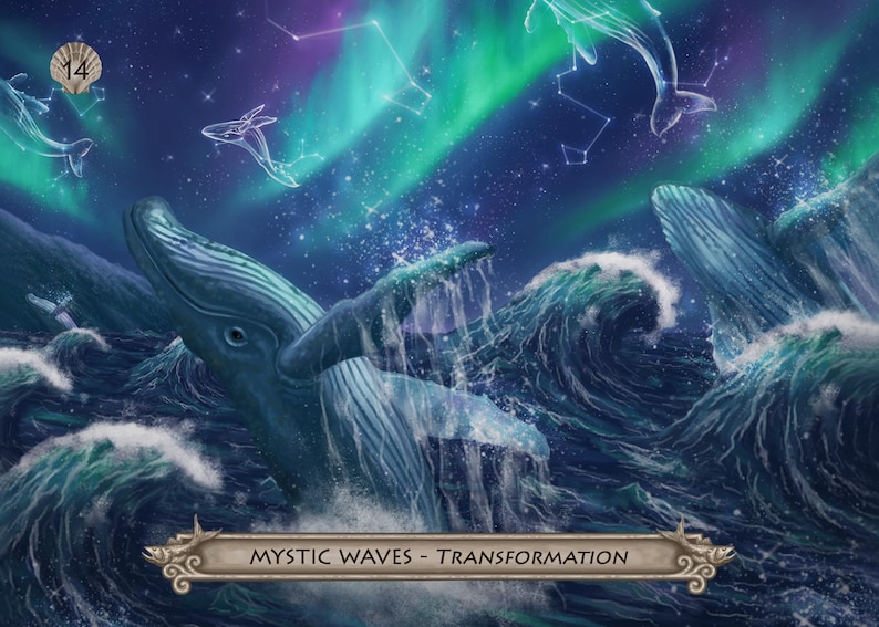 Puede incluir: Una representaci&oacute;n art&iacute;stica de ballenas en una escena oce&aacute;nica m&iacute;stica. La imagen presenta ballenas rompiendo el agua, con un cielo estrellado y aurora boreal en el fondo. El texto dice "Mystic Waves - Transformation".