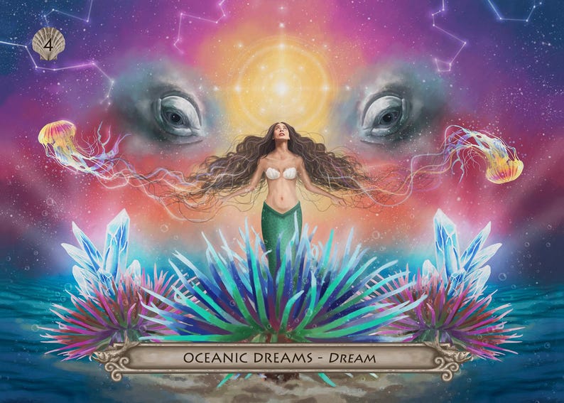Puede incluir: Ilustraci&oacute;n de una sirena con largo cabello casta&ntilde;o, top de concha blanca y cola verde, frente a un grupo de cristales azules y morados. El fondo presenta una galaxia colorida con medusas y ojos de ballena. El texto "OCEANIC DREAMS - DREAM" est&aacute; en la parte inferior.
