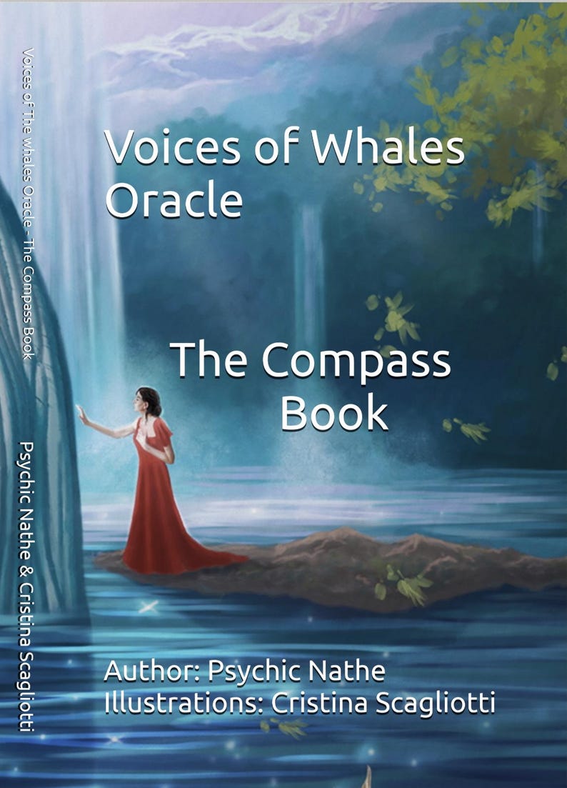 Puede incluir: Portada del libro "Voices of Whales Oracle" y "The Compass Book". La imagen muestra a una mujer con un vestido rojo cerca de una cascada. El autor es Psychic Nathe y la ilustradora es Cristina Scagliotti.