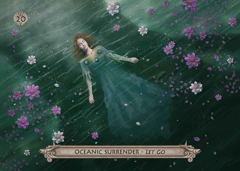 Puede incluir: Ilustraci&oacute;n de una persona con un vestido turquesa flotando en el agua, rodeada de flores blancas y moradas. La imagen tiene una cualidad on&iacute;rica, con rayos de luz y un fondo verde oscuro. El texto en la parte inferior dice "Oceanic Surrender - Let Go".