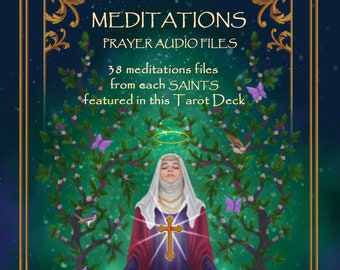May include: A woman in a red and purple robe sits in a meditative pose with her eyes closed. She is surrounded by green trees and butterflies. The text "MEDITATIONS PRAYER AUDIO FILES 38 meditations files from each SAINTS featured in this Tarot Deck" is displayed at the top of the image.