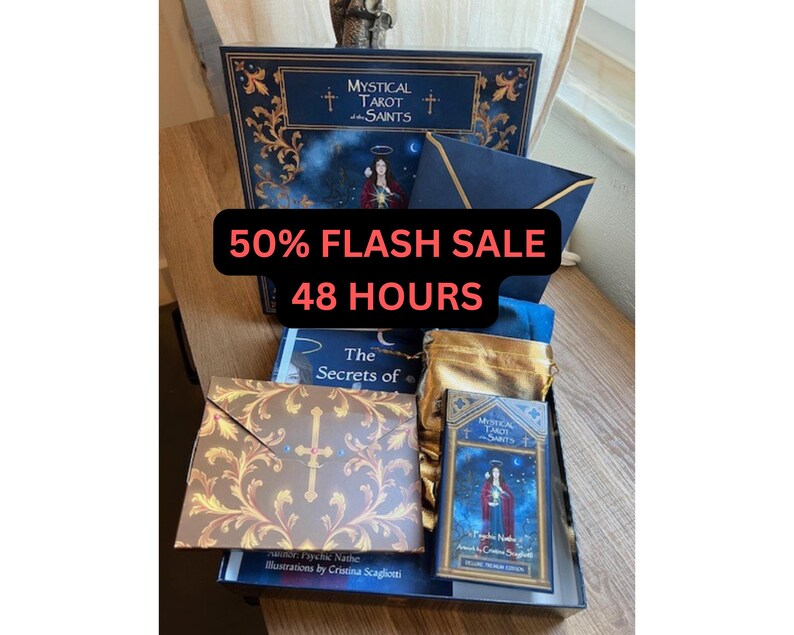 Box Set Limited Edition of the Mystical Tarot of the Saints. Premium gift containing gold edges linen tarot cards, altar cloth, art prints image 2