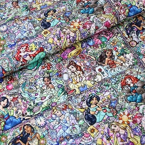 Disney Princess Fabric Princess Snow White Jasmine Ariel Belle Rapunzel Fabric Cartoon Character Fabric 100% Cotton Fabric By The Half Yard