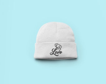 Super Cute dog love, embroidered winter beanie hat. Made in the UK