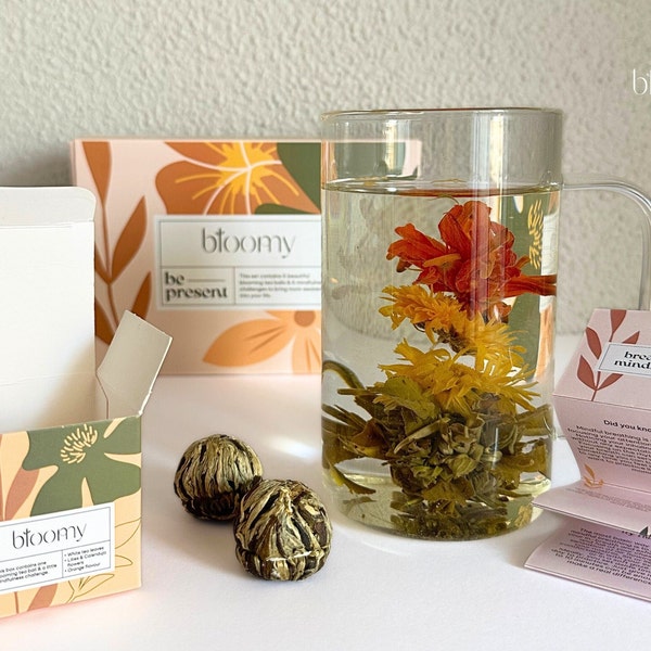 Set de regalo de té floreciente: bolas de té florecientes hechas a mano: idea de regalo única para un paquete de cuidado personal, práctica de atención plena y hábitos saludables