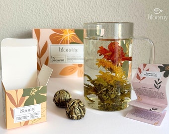 Blooming Tea Gift Set: Handgemaakte bloeiende theeballen - Uniek cadeau-idee voor zelfzorgpakket, mindfulness-oefeningen en gezonde gewoonten